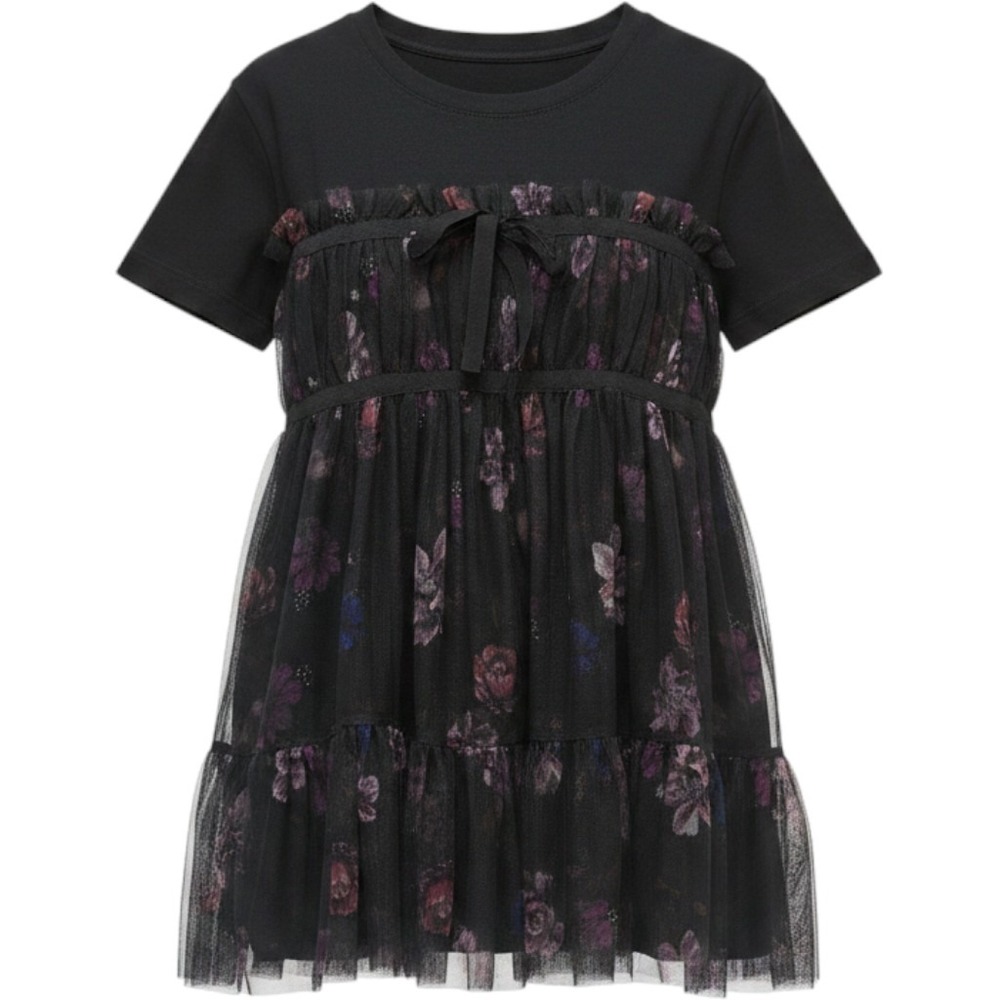 Anthropologie T-Shirt Dress Women S Black NEW Floral Tulle Tiered Mini Mixed Med